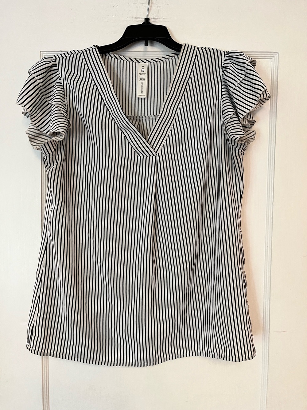 Striped V-Neck Flutter Sleeve Blouse - White/Black